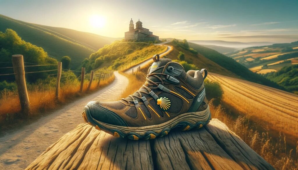 Das Bild für deinen Blogpost über Trailrunning-Schuhe auf dem Jakobsweg ist nun fertig. Es zeigt ein Paar robuster Trailrunning-Schuhe auf einem malerischen Abschnitt des Camino, umgeben von der natürlichen Schönheit der Route und vermittelt ein Gefühl von Abenteuer und Bereitschaft für die Herausforderungen des Weges.