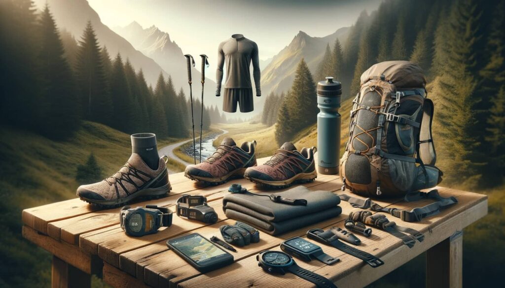 Trailrunning-Ausrüstung auf einem natürlichen Hintergrund, einschließlich Trailrunning-Schuhe, Hydration-Pack, Funktionskleidung, zusammenklappbare Trekkingstöcke und GPS-Uhr, arrangiert auf einem Waldpfad